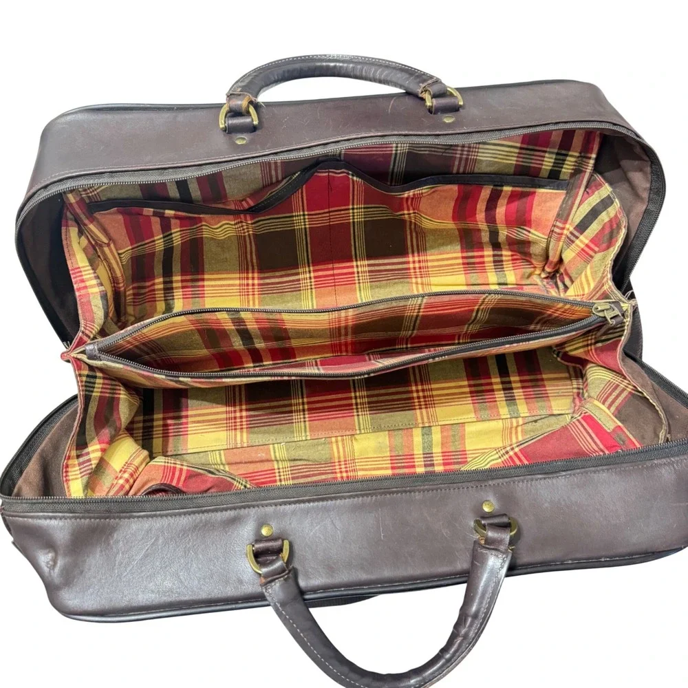 Hartmann‎ Vintage Suitcase Duffle Brown Luxe Collection Leather Canvas Plaid